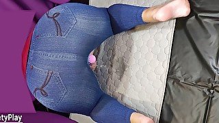 Big ass in jeans peeing with vibrator