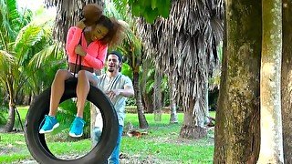 Curly-haired Ebony babe nicely drilled outdoors on tire swing