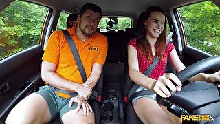 Foxy redhead Charlie Red offers her pussy to pass the drivers test