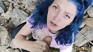 cute schoolgirl with blue hair gives blowjob and sex to get cum on face