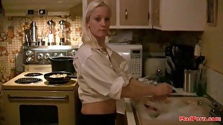 Blonde GF cooking breakfast and flashing tits