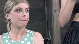 Cutie in a polka dot dress submits to painful bondage