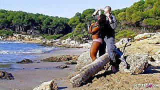 Ebony teen Nancy fucked by strangers on vacation on the beach