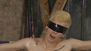 BDSM blond boy tied, enjoyed whipped and jerked to cum