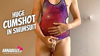 Geeky Dutch Crossdressing Shemale Sprays Cumshot in Space Swimsuit with JOI