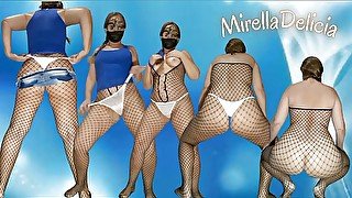 Mirella Delicia naughty bitch dancing in denim shorts and fishnet bodysuits wiggling tasty doing striptease