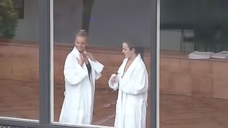 Taking their robes off for a steamy fuck in the shower