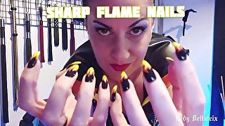 Sharp Flame Nails - Lady Bellatrix tempts your fingernail fetish in latex