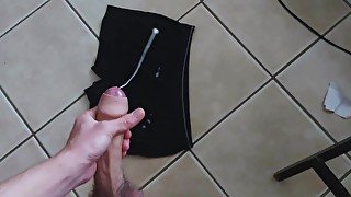 Biggest cumshot on my underwear (huge uncut cock POV, super slow motion cum)