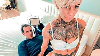 Lusty inked MILF Vicky Hundt opens her shaved hole in POV angle