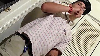 Chain smoker toying his dick with a pump and cumming