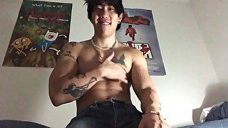 College Asian Jock Solo Flexing And Massaging Muscles