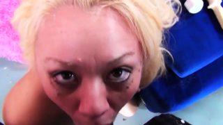 Cute blonde chick gets her face wrecked by two cocks