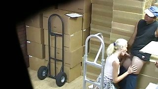 Blonde hottie sucks my prick remarcably well in the warehouse