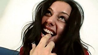 Beautiful brunette girl is giving a head in a hot porn casting video