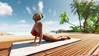 Futanari big tits babes having foursome sex on a beach in a3d animation