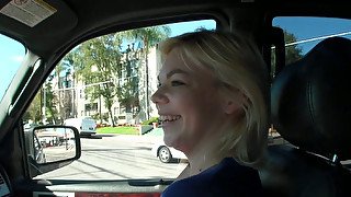 Kinky blonde whore Alice Frost gives a blowjob in a car