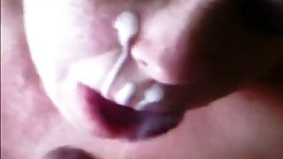 Cum thirsty slut gets her face sprayed by fresh thick cum