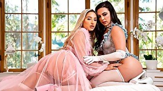 Two dolls girlfriends Abella Danger and Whitney Wright fuck on the white bed