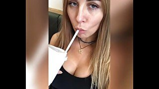 Beauty Paulina with big tits sucks big dildo deep throat after drinking coffee - Solo