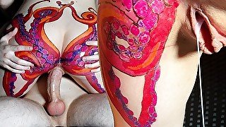 Horny stepsister with octopus tattoo on butt sucks dick and and gets huge load of cum in pussy