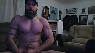 Hairy Jock Jerks Off His Long Cock and Eats Cum