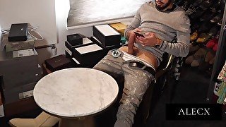 Sexy Model Jerks His 9 inch cock Off While On The Phone To his Agent