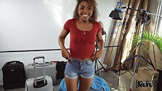 Ebony model Milu Blaze drops on her knees to suck and ride a white dick