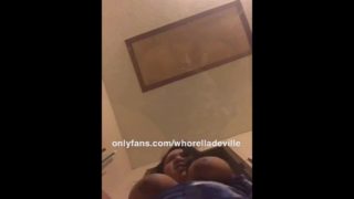 Lightskin ebony with big tits rides a dildo reverse cowgirl