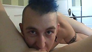 Young horny dude licking and sucking shaved pussy on POV video