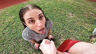 Brunette CumSlut Sucks Cock in Backyard Throats Until Taking Load in Mouth and Swallows!