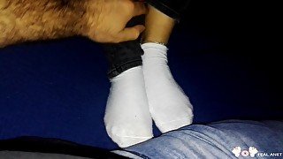 She puts her Feet on my Cock and I take off her Ankle Socks and Tickle her Feet Soles- Feal Anet