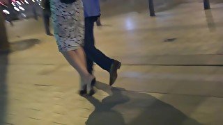 Wonderful Amateur Woman In Sophisticated Dress Wearing High Heel Candid Mules Down Town