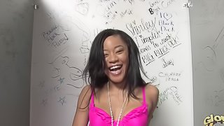 Cute ebony Angel Marie licks a gloryhole wang and gets a mouthful