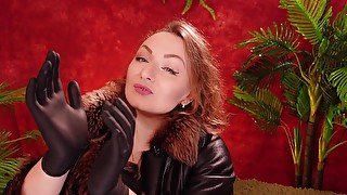 ASMR video: nitrile gloves. Beautiful erotic SFW video. Curvy MILF in leather coat with fur teasing