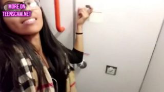 Asian pussy gets wet on airplane toilet