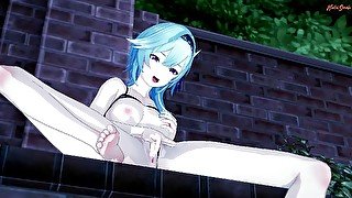 Eula fingers her pussy outside in the garden - Genshin impact Hentai.