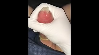 Cumming in condom with latex glove