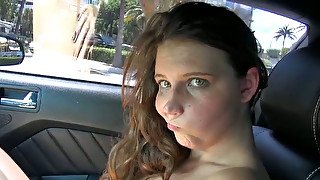 Filthy brunette chick sucks sweet cock of her fellow in car