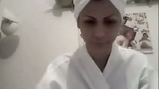 Awesome webcam babe in bathrobe was chatting with my buddy in bathroom