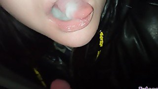 Blowjob on winter night road and swallow cum