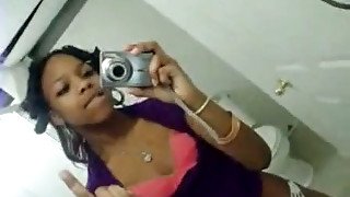 My cute ebony girlfriend in white panties tapes herself in bathroom