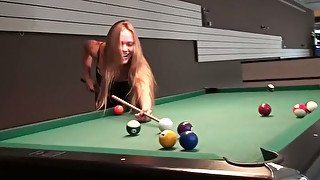 Captivating blonde plays pool and lets a man rub her holes