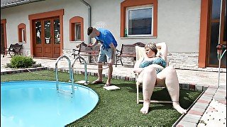 Fat white woman Diana fucked by the pool by her crazy lover