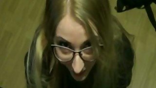 Good and sexy girl in glasses blowing my black dick for cum