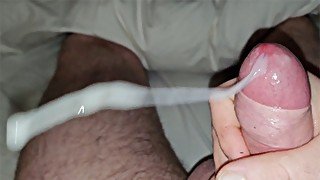 Big dick wanked off to a strong, long cumshot (almost hit the camera)