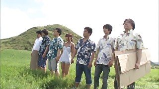 Wild outdoors gangbang for sexy Japanese chick Rui Hasegawa