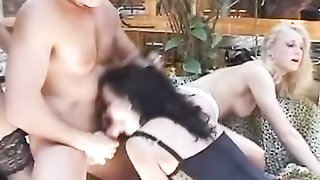 Three sluts with hairy cunts get fucked in an orgy and receive facials