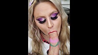 Blonde on her knees for rainbow party blowjob