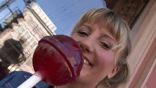 Blonde candy girl Xeniya blows couple of cocks